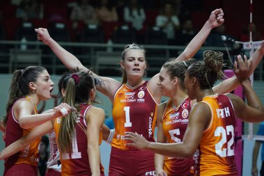 ISTANBUL, TURKIYE - 13 Kasım 2022: Galatasaray HDI Sigorta oyuncuları Sigorta Shop Türkiye Sultanlar Ligi maçında Burhan Felek Spor Salonu 'nda skor puanını kutluyorlar