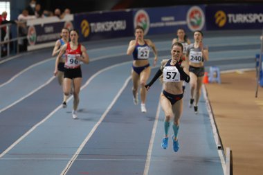 ISTANBUL, TURKEY - MARCH 05, 2022: Athletes running during Balkan Athletics Indoor Championships in Atakoy Athletics Arena