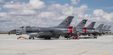 KONYA, TURKIYE - JUNE 30, 2022: Turkish Air Force Fighter Aircrafts in Konya Airport during Anatolian Eagle Air Force Exercise