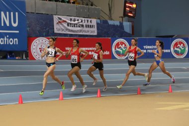 ISTANBUL, TURKEY - MARCH 05, 2022: Athletes running during Balkan Athletics Indoor Championships in Atakoy Athletics Arena