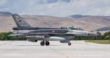 KONYA, TURKIYE - JUNE 30, 2022: Turkish Air Force Lockheed Martin F-16D Fighting Falcon (NW-05) taxiing in Konya Airport during Anatolian Eagle Air Force Exercise