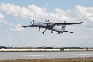 KONYA, TURKIYE - JUNE 30, 2022: Baykar Technologies Bayraktar Akinci UCAV Tiha (PT-5) takeoff from Konya Airport during Anatolian Eagle Air Force Exercise