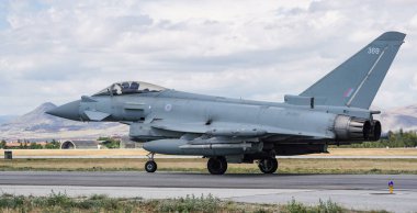 KONYA, TURKIYE - JUNE 30, 2022: United Kingdom Royal Air Force Eurofighter Typhoon FGR.4 (BS130/469) taxiing in Konya Airport during Anatolian Eagle Air Force Exercise