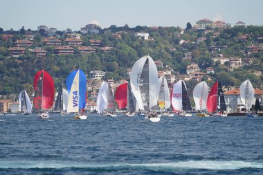 ISTANBUL, TURKIYE - SEPTEMBER 24, 2022: Sailboats competing in Bosphorus Cup