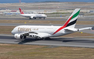 ISTANBUL, TURKIYE - AUGUST 06, 2022: Emirates Airlines Airbus 380-861 (168) landing to Istanbul International Airport