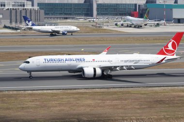 ISTANBUL, TURKIYE - AUGUST 06, 2022: Turkish Airlines Airbus 350-941 (421) landing to Istanbul International Airport