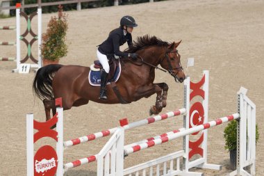 BURSA, TURKIYE - Nisan 09, 2023: Türkiye Binicilik Federasyonu yarışında kimliği belirsiz binici atla atladı