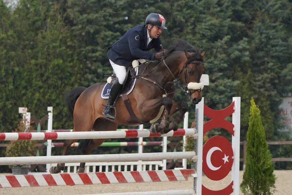 Bursa Turkiye 2023年4月9日 土耳其马术联合会赛程中身份不明的骑马者与马匹一起跳 — 图库照片