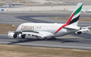 ISTANBUL, TURKIYE - AUGUST 06, 2022: Emirates Airlines Airbus 380-861 (168) landing to Istanbul International Airport