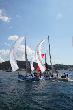 ISTANBUL, TURKIYE - SEPTEMBER 24, 2022: Sailboats competing in Bosphorus Cup