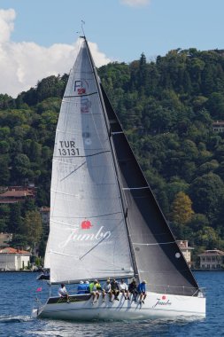 ISTANBUL, TURKIYE - SEPTEMBER 24, 2022: Sailboat competing in Bosphorus Cup