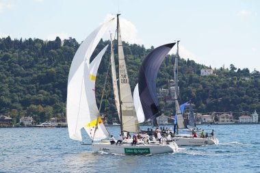 ISTANBUL, TURKIYE - SEPTEMBER 24, 2022: Sailboats competing in Bosphorus Cup