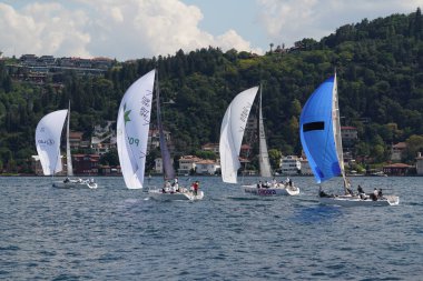 ISTANBUL, TURKIYE - SEPTEMBER 24, 2022: Sailboats competing in Bosphorus Cup
