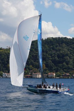 ISTANBUL, TURKIYE - SEPTEMBER 24, 2022: Sailboat competing in Bosphorus Cup