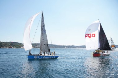 ISTANBUL, TURKIYE - SEPTEMBER 24, 2022: Sailboats competing in Bosphorus Cup