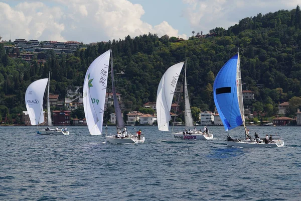 ISTANBUL, TURKIYE - SEPTEMBER 24, 2022: Sailboats competing in Bosphorus Cup