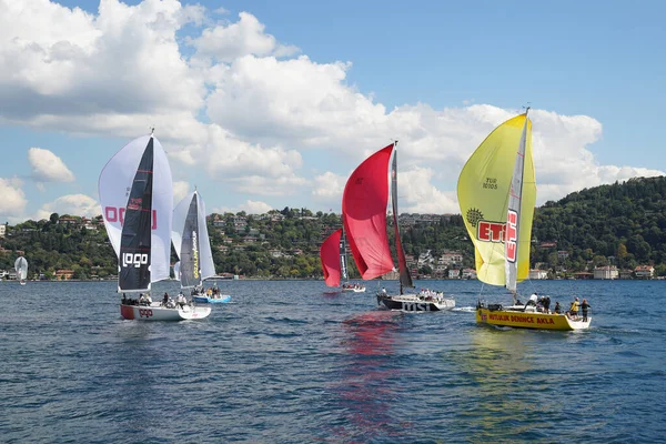 stock image ISTANBUL, TURKIYE - SEPTEMBER 24, 2022: Sailboats competing in Bosphorus Cup