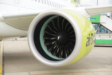ISTANBUL, TURKIYE - OCTOBER 08, 2022: Engine of Air Baltic Airbus A220-371 (55165) display in Istanbul Airshow in Istanbul Ataturk Airport