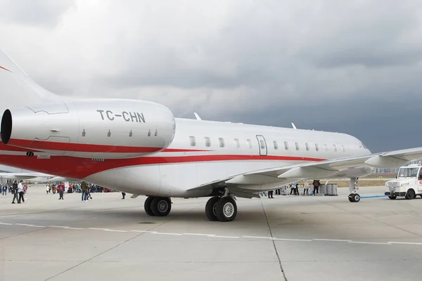 stock image ISTANBUL, TURKIYE - OCTOBER 08, 2022: MNG Airlines Bombardier BD-700-1A10 Global Express (9126) display in Istanbul Airshow in Istanbul Ataturk Airport