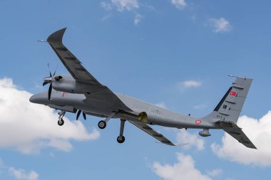KONYA, TURKIYE - JUNE 30, 2022: Baykar Technologies Bayraktar Akinci UCAV Tiha (PT-5) takeoff from Konya Airport during Anatolian Eagle Air Force Exercise