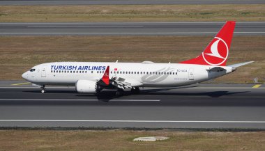 ISTANBUL, TURKIYE - AUGUST 06, 2022: Turkish Airlines Boeing 737-8MAX (60032) landing to Istanbul International Airport