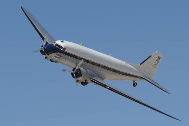 ESKISEHIR, TURKIYE - SEPTEMBER 18, 2022: M.S.O Air and Space Museum Douglas DC-3A (2204) display in Sivrihisar SHG Airshow