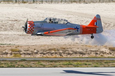 ESKISEHIR, TURKIYE - SEPTEMBER 18, 2022: M.S.O Air and Space Museum North American AT-6G Texan (SA079) display in Sivrihisar SHG Airshow