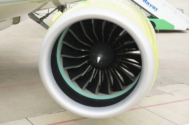 ISTANBUL, TURKIYE - OCTOBER 08, 2022: Engine of Air Baltic Airbus A220-371 (55165) display in Istanbul Airshow in Istanbul Ataturk Airport