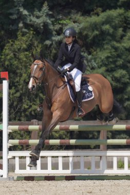 BURSA, TURKIYE - NİSAN 08, 2023: Türkiye Binicilik Federasyonu yarışında kimliği belirsiz binici atla atladı