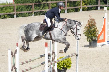 BURSA, TURKIYE - NİSAN 08, 2023: Türkiye Binicilik Federasyonu yarışında kimliği belirsiz binici atla atladı