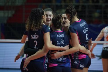 ISTANBUL, TURKIYE - 11 Ocak 2023: Burhan Felek Spor Salonu 'nda oynanan Eczacibasi Dynavit CEV Şampiyonlar Ligi Volesi maçında Grupa Azoty Chemik Police oyuncuları skor puanını kutluyor