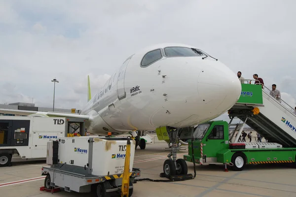 ISTANBUL, TURKIYE - OCTOBER 08, 2022: Air Baltic Airbus A220-371 (55165) display in Istanbul Airshow in Istanbul Ataturk Airport