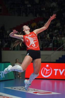 ISTANBUL, TURKIYE - 21 Ocak 2023: Kiera Van Ryk, Burhan Felek Spor Salonu 'nda Türk Hava Yollari - Eczacibasi Dynavit Türk Sultanlar Ligi karşılaşmasında görev yapıyor