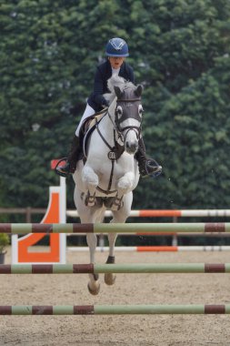 BURSA, TURKIYE - Nisan 09, 2023: Türkiye Binicilik Federasyonu yarışında kimliği belirsiz binici atla atladı