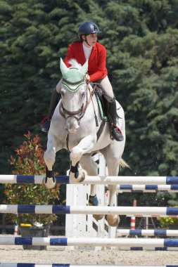 BURSA, TURKIYE - NİSAN 08, 2023: Türkiye Binicilik Federasyonu yarışında kimliği belirsiz binici atla atladı