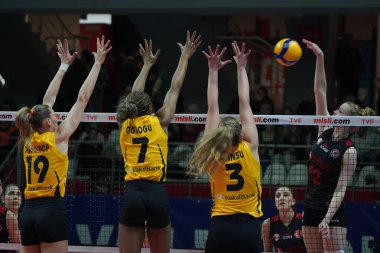 ISTANBUL, TURKIYE - 25 Mart 2023: Chiaka Ogbogu ve Cansu Özbay, Burhan Felek Spor Salonu 'nda Türk Hava Yolları Vakfı Vakfbank Türkiye Sultanlar Ligi karşılaşmasında eylem halindeler