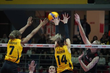 ISTANBUL, TURKIYE - 25 Mart 2023: Chiaka Ogbogu ve Alexia Carutasu, Burhan Felek Spor Salonu 'nda Türk Hava Yollari Vakfı Vakfbank Türkiye Sultanlar Ligi karşılaşmasında eylem halindeler