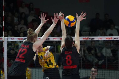 ISTANBUL, TURKIYE - 25 Mart 2023: Hanna Orthmann ve Dicle Nur Babat, Burhan Felek Spor Salonu 'nda Türk Hava Yolcuları Vakfı Vakfı' na karşı oynanan maçta