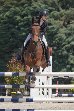BURSA, TURKIYE - NİSAN 08, 2023: Türkiye Binicilik Federasyonu yarışında kimliği belirsiz binici atla atladı