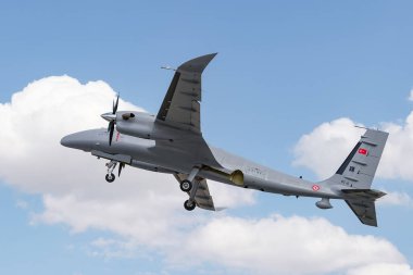 KONYA, TURKIYE - JUNE 30, 2022: Baykar Technologies Bayraktar Akinci UCAV Tiha (PT-5) takeoff from Konya Airport during Anatolian Eagle Air Force Exercise