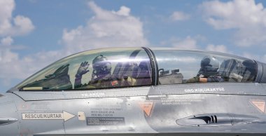 KONYA, TURKIYE - JUNE 30, 2022: Turkish Air Force General Dynamics F-16D Fighting Falcon (4S-12) taxiing in Konya Airport during Anatolian Eagle Air Force Exercise