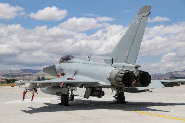 KONYA, TURKIYE - 30 Haziran 2022: Birleşik Krallık Kraliyet Hava Kuvvetleri Eurofighter Eurofighter FGR4 (BS064 / 260) Anadolu Kartal Hava Kuvvetleri Tatbikatı sırasında Konya Havalimanı 'nda sergilendi