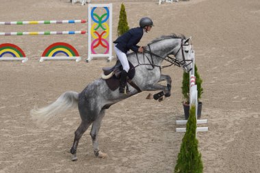 BURSA, TURKIYE - Nisan 09, 2023: Türkiye Binicilik Federasyonu yarışında kimliği belirsiz binici atla atladı