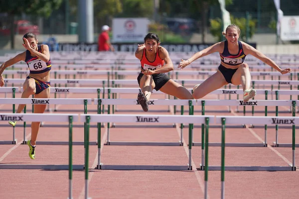 Denizli Turkiye July 2022 Athletes Running 100 Metres Hurdles Balkan — Stock Photo, Image