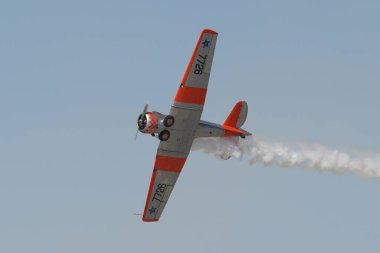 ESKISEHIR, TURKIYE - SEPTEMBER 18, 2022: M.S.O Air and Space Museum North American AT-6G Texan (SA079) display in Sivrihisar SHG Airshow