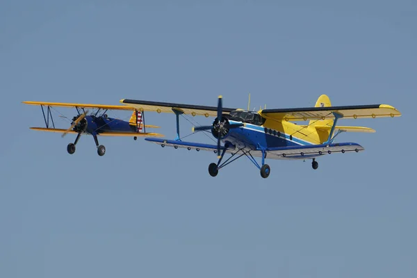 stock image ESKISEHIR, TURKIYE - SEPTEMBER 18, 2022: M.S.O Air and Space Museum Antonov An-2T and Boeing Stearman Model 75 display in Sivrihisar SHG Airshow