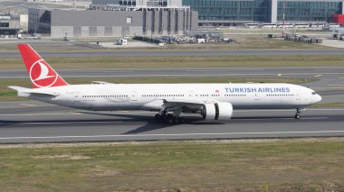 ISTANBUL, TURKIYE - SEPTEMBER 17, 2022: Turkish Airlines Boeing 777-3F2ER (44126) landing to Istanbul International Airport