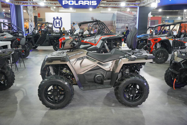 ISTANBUL, TURKIYE - APRIL 29, 2023: Polaris Sportsman 570 ATV on display at Motobike Expo in Istanbul Exhibition Center