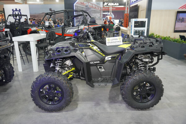 ISTANBUL, TURKIYE - APRIL 29, 2023: Polaris Sportsman XP 1000 S ATV on display at Motobike Expo in Istanbul Exhibition Center