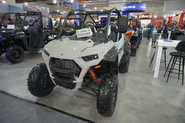 ISTANBUL, TURKIYE - APRIL 29, 2023: Polaris Rzr Trail S 1000 ATV on display at Motobike Expo in Istanbul Exhibition Center